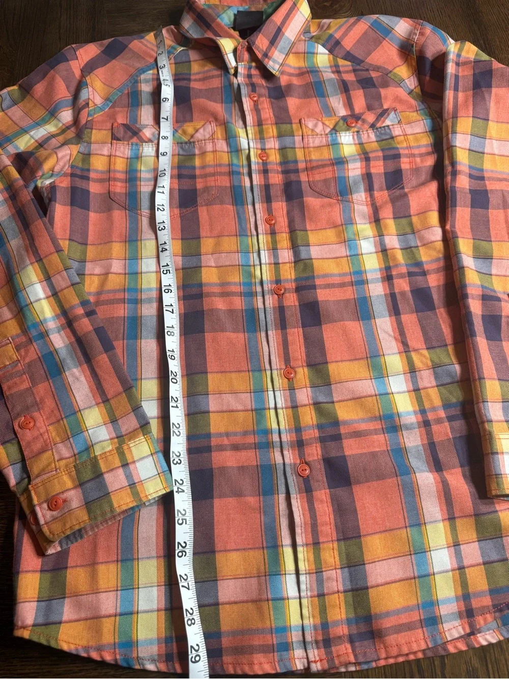The North Face Men's Plaid Button-Up Shirt in Orange and Blue - size Medium